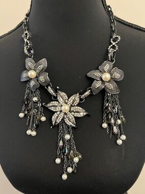 White House Black Market Black Floral Pearl & Crystal Fringe Necklace